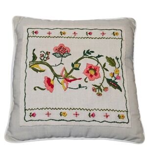 Vintage Style Hand Embroidered Floral Pillow Cottagecore Folk Art Needlework